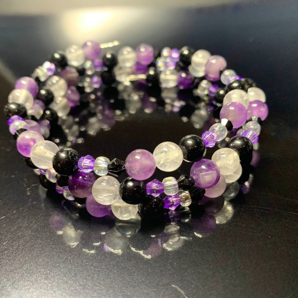 Handmade beaded coil bracelet: Clear Quartz, Amethyst and Black Tourmaline